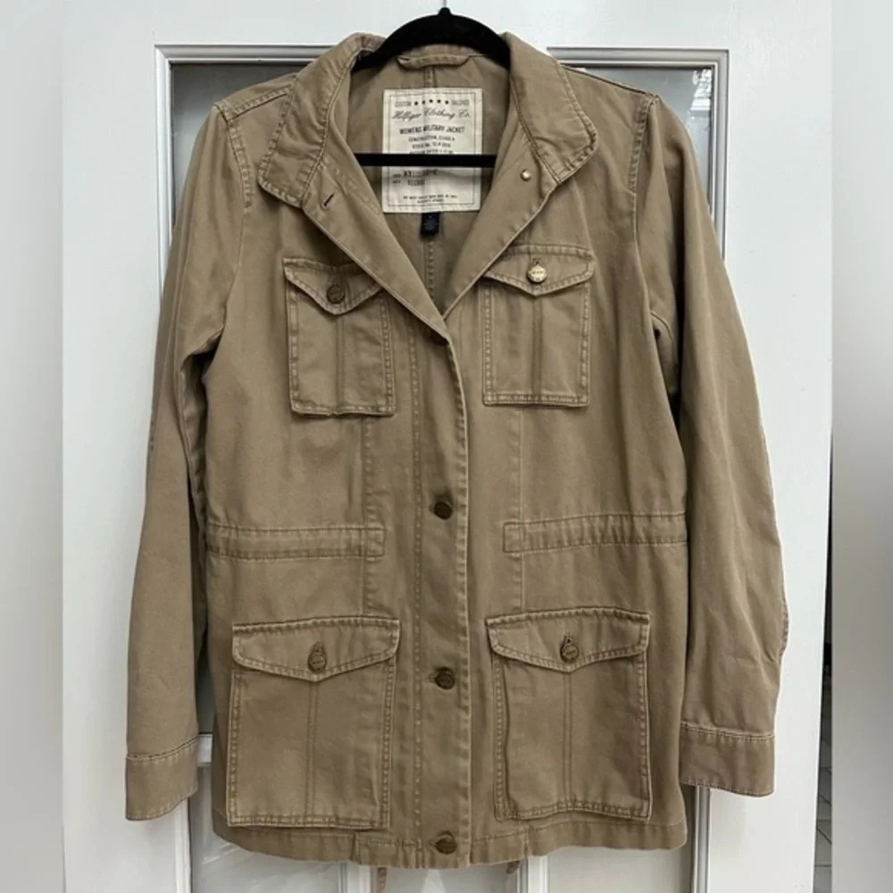 Vintage Y2K Tommy Hilfiger Women’s Military Tan Button Down Jacket Size Medium M